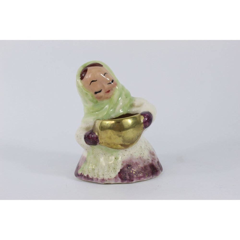 Mid Century Mexican Ceramic Market Woman Figurine With Gold Luster Pot Folk Art